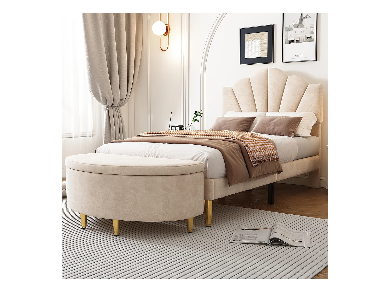 Lit capitonné 90x200 cm, tête de lit avec boutons, pieds en métal doré, hauteur ajustable, velours beige (95x205x120/130 cm)