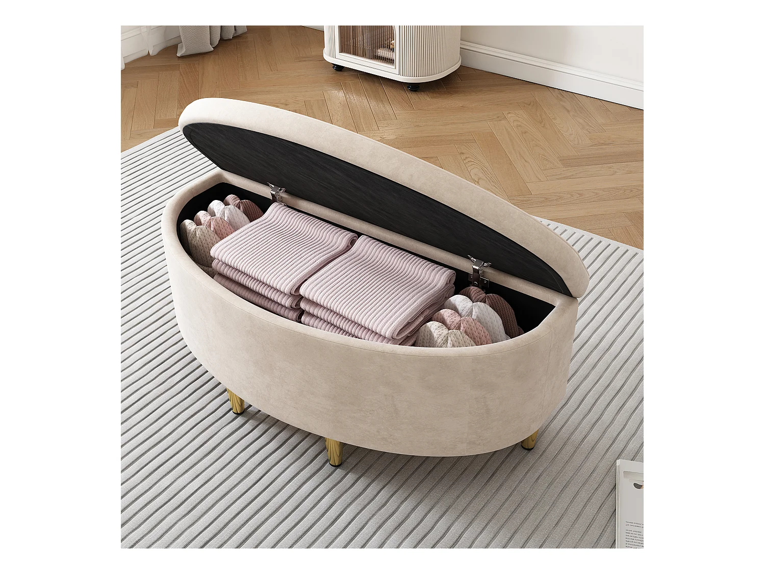 Lit capitonné 90x200 cm, tête de lit avec boutons, pieds en métal doré, hauteur ajustable, velours beige (95x205x120/130 cm)