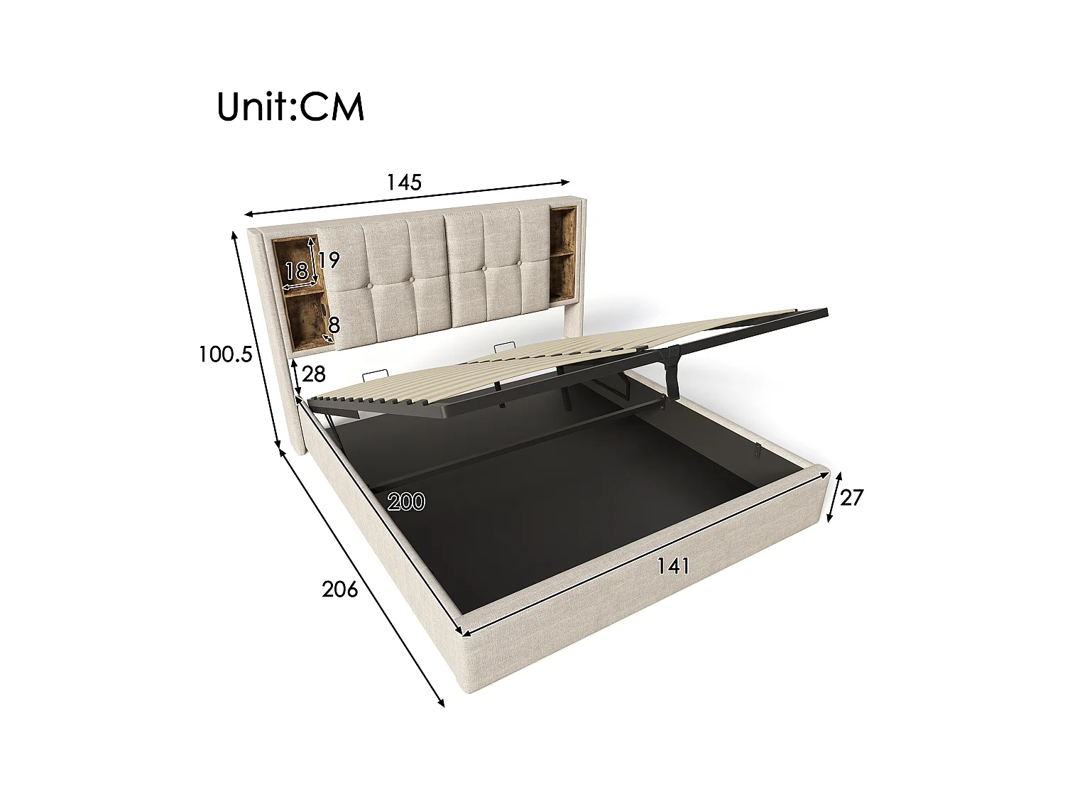 Lit avec rangement hydraulique, tête de lit avec chargeur sans fil USB Type-C, lin naturel, 140x200 cm (206x145x100.5 cm)