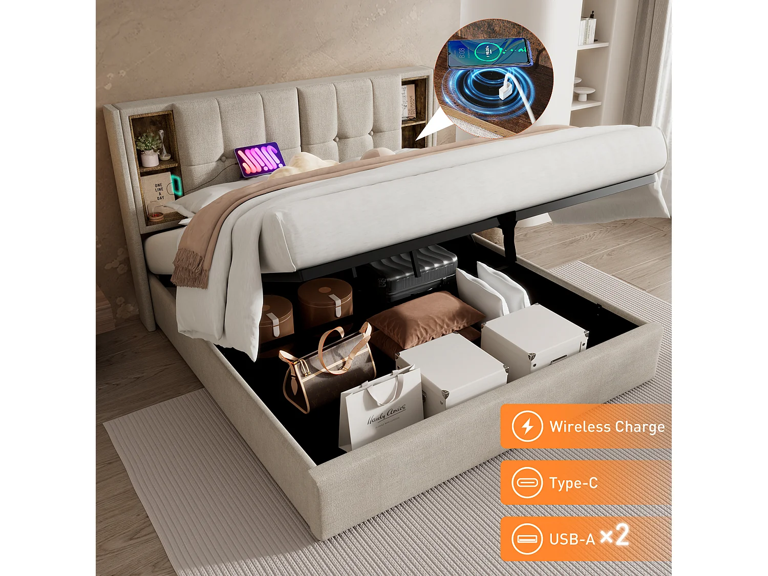 Lit avec rangement hydraulique, tête de lit avec chargeur sans fil USB Type-C, lin naturel, 140x200 cm (206x145x100.5 cm)