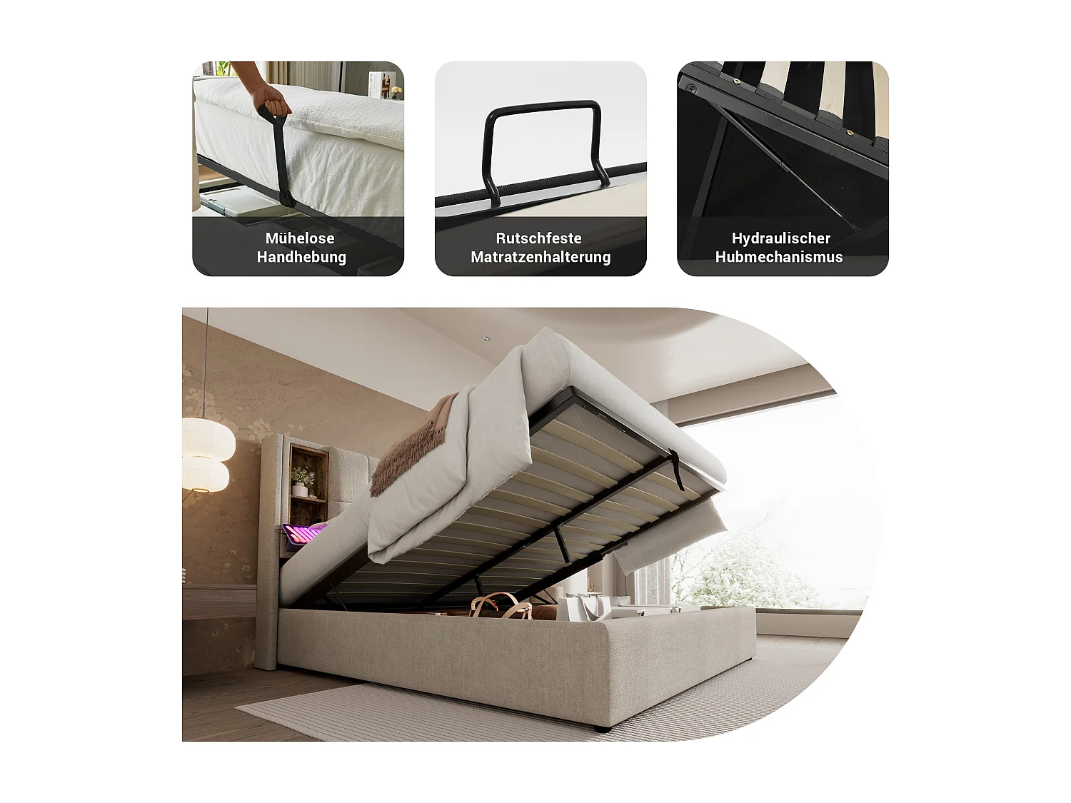 Lit avec rangement hydraulique, tête de lit avec chargeur sans fil USB Type-C, lin naturel, 140x200 cm (206x145x100.5 cm)