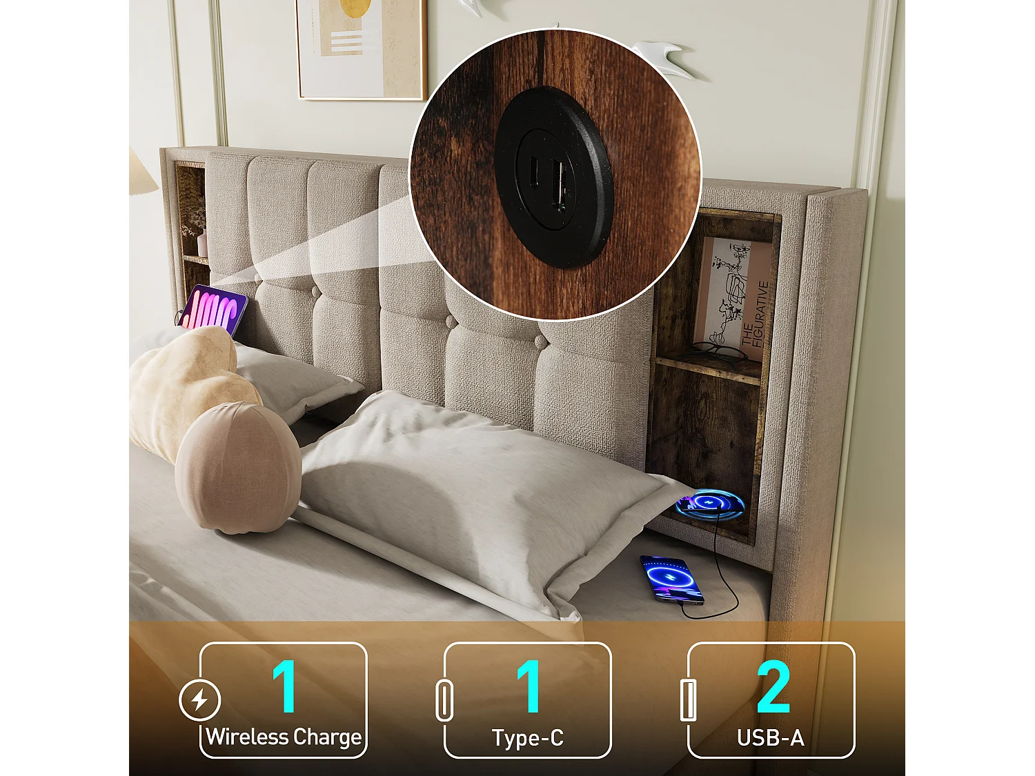 Letto con contenitore idraulico, testiera con caricabatterie wireless USB Type-C, lino naturale, 140x200 cm (206x145x100,5 cm)