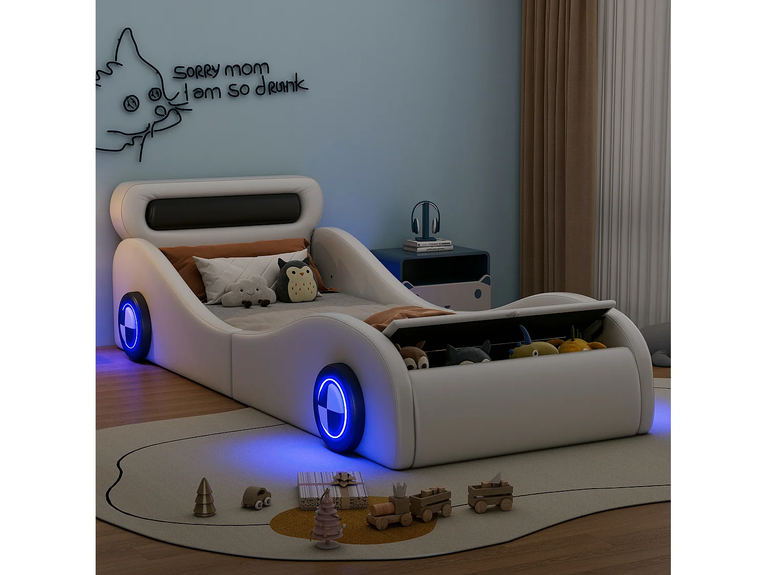 Lit voiture 90x200cm, avec roues lumineuses, 2 tiroirs de rangement, PU, blanc (241x101x82 cm)