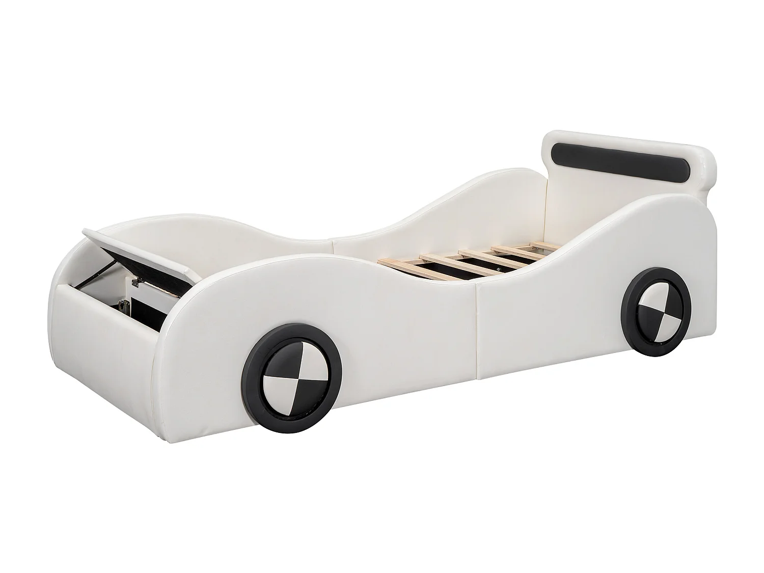 Lit voiture 90x200cm, avec roues lumineuses, 2 tiroirs de rangement, PU, blanc (241x101x82 cm)