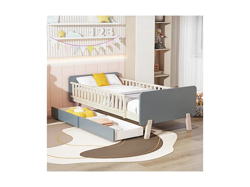 Lit enfant 90x190 cm, lit simple en bois massif avec 2 tiroirs et sommier, gris (196.6x99x64 cm)