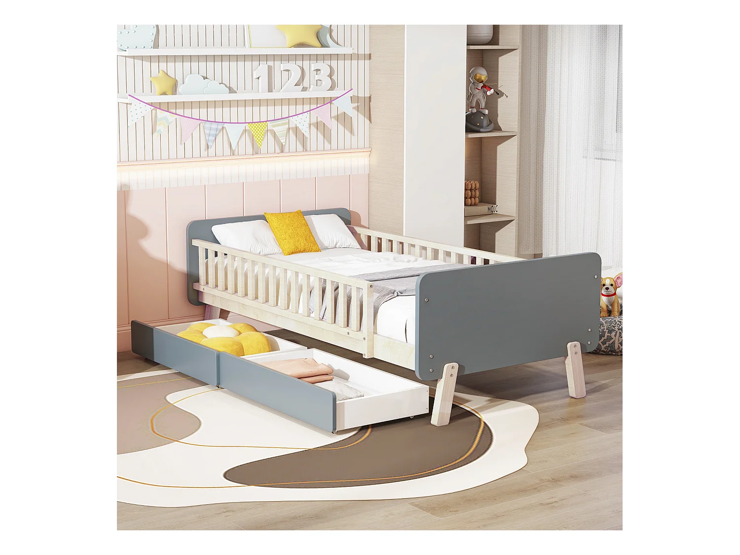 Lit enfant 90x190 cm, lit simple en bois massif avec 2 tiroirs et sommier, gris (196.6x99x64 cm)