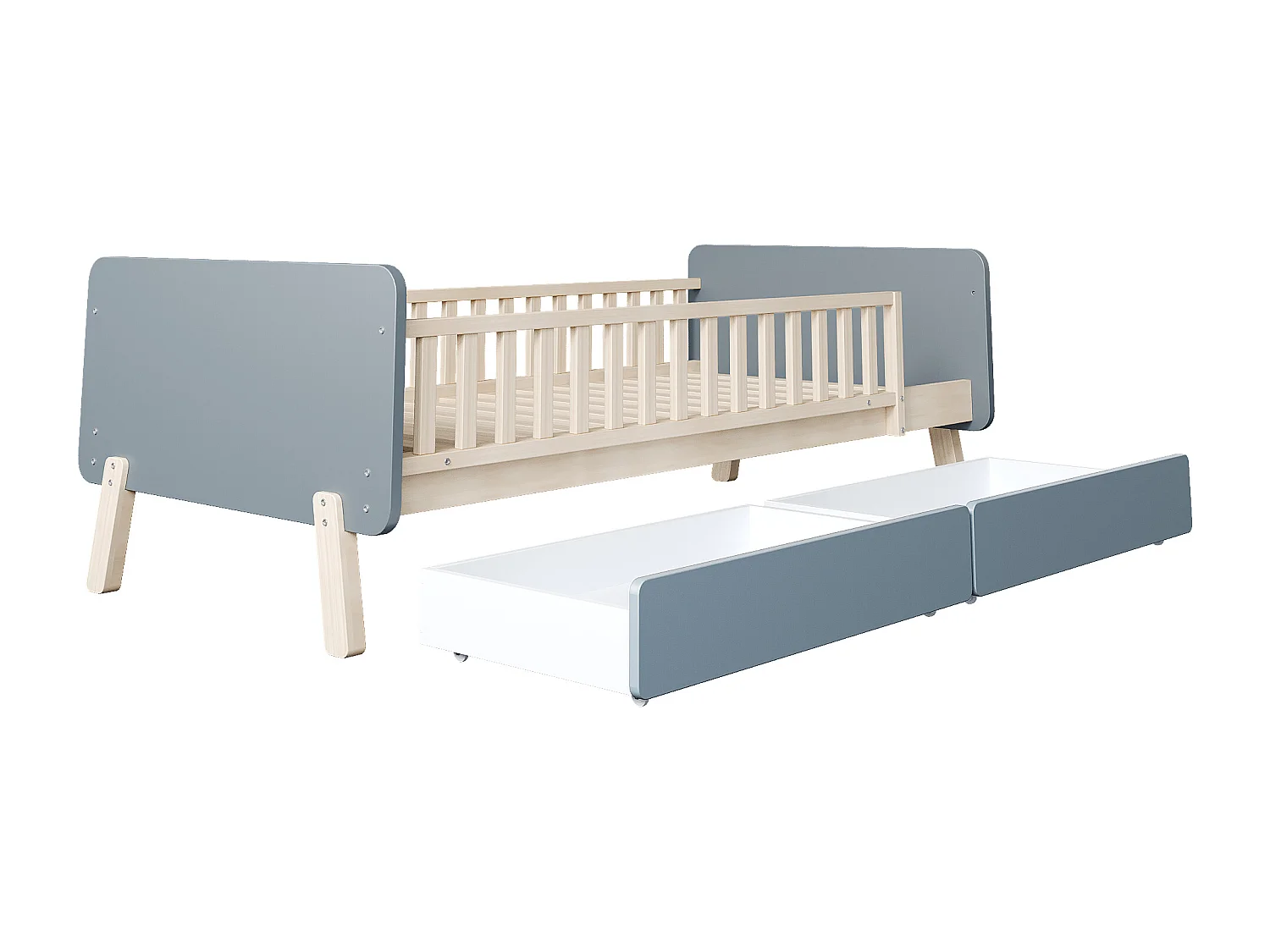 Kinderbed 90x190 cm, massief houten eenpersoonsbed met 2 lades en lattenbodem, grijs (196,6x99x64 cm)