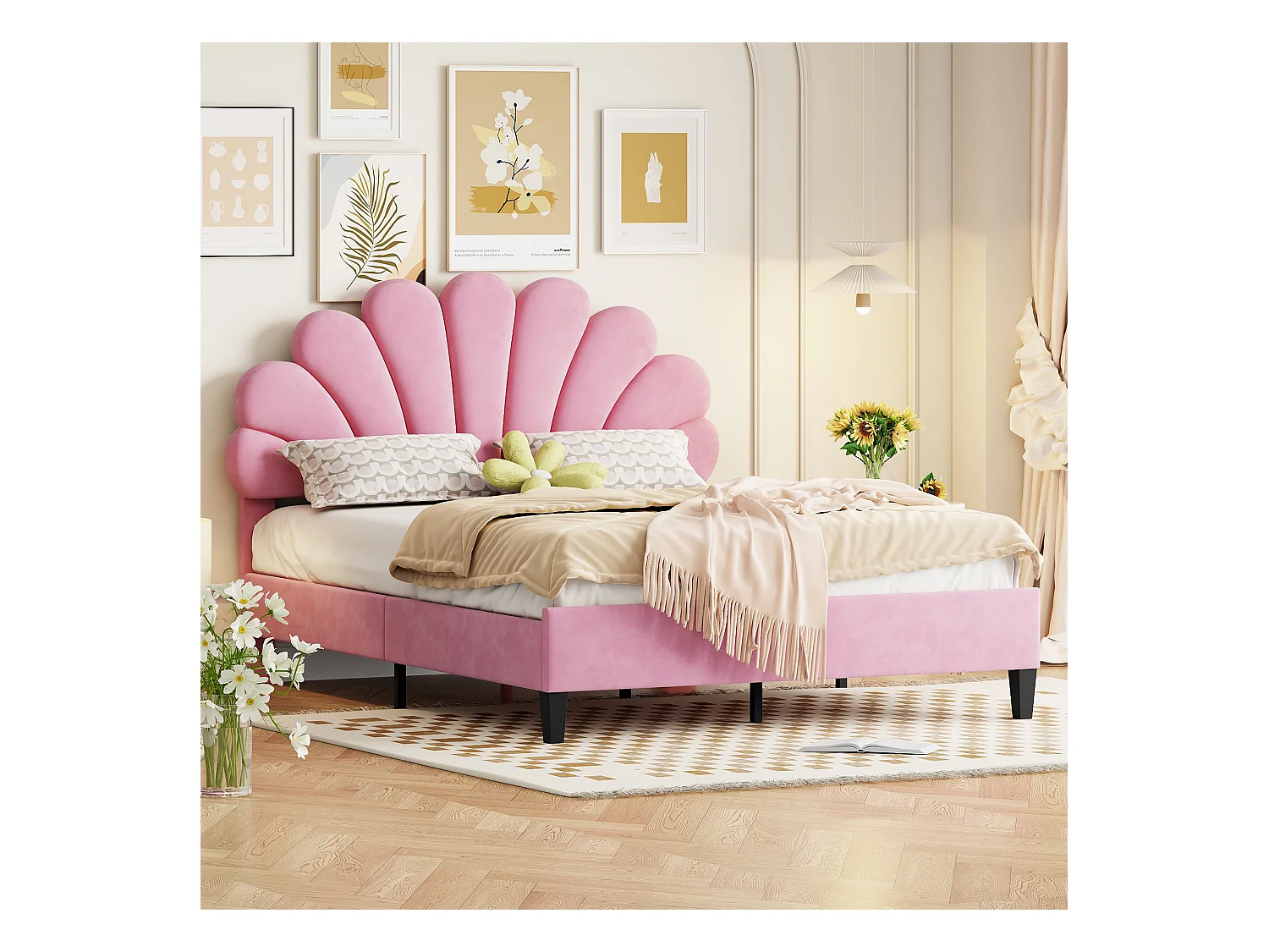 Lit double 140 x 200 cm avec tête de lit fleurie, tissu velours rose, avec sommier à lattes (206x150x110.5 cm)