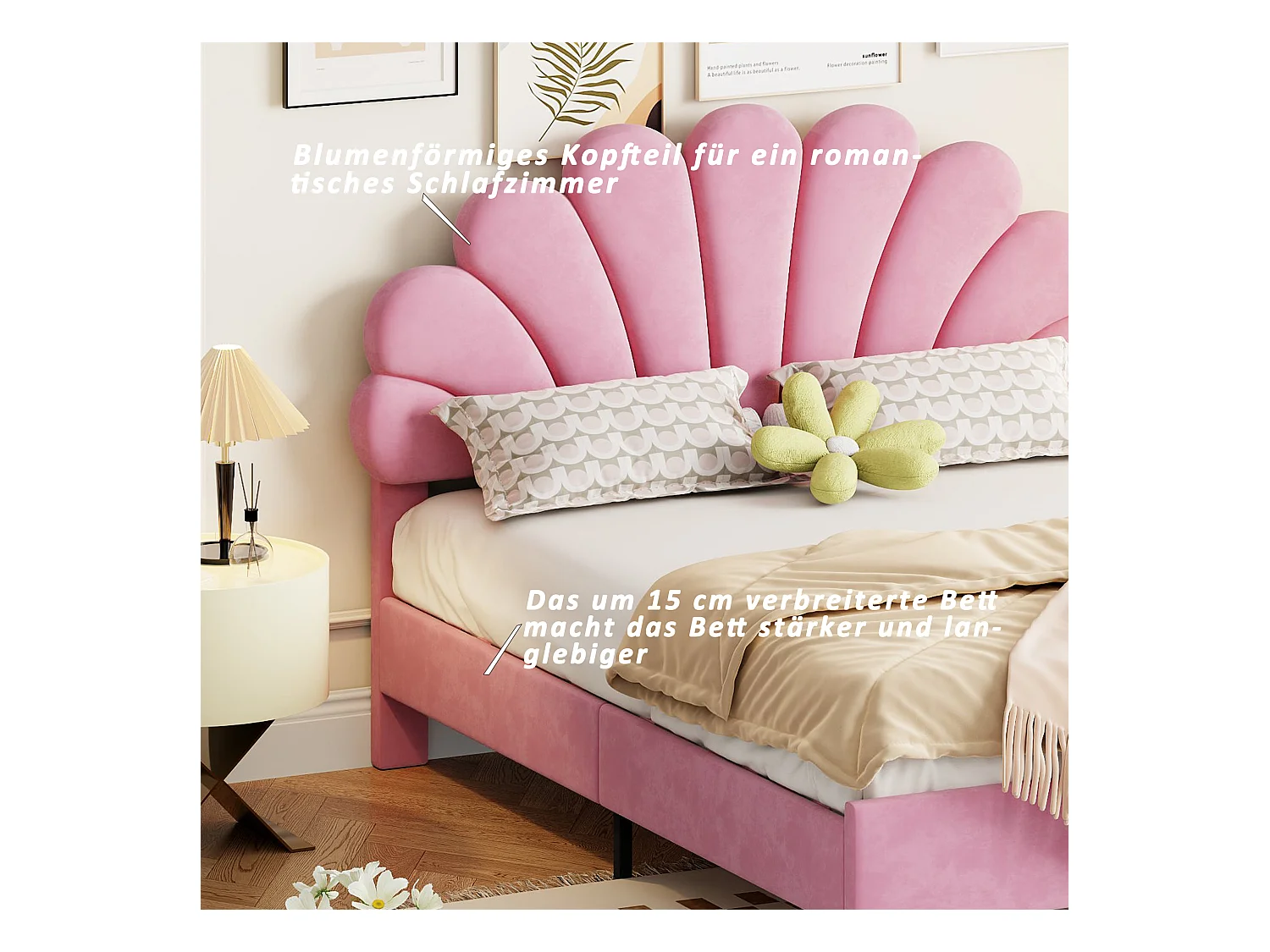 Lit double 140 x 200 cm avec tête de lit fleurie, tissu velours rose, avec sommier à lattes (206x150x110.5 cm)