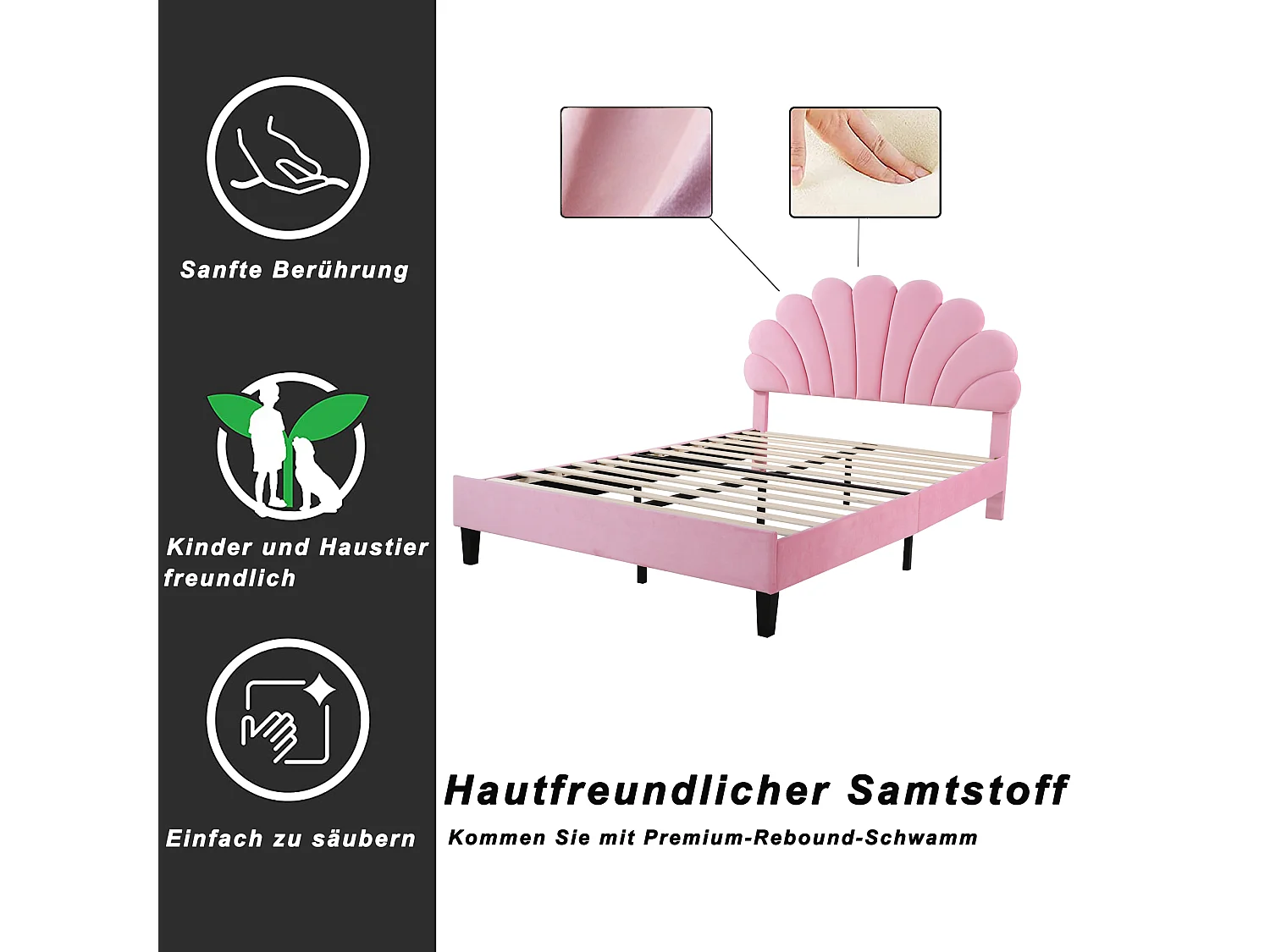 Lit double 140 x 200 cm avec tête de lit fleurie, tissu velours rose, avec sommier à lattes (206x150x110.5 cm)