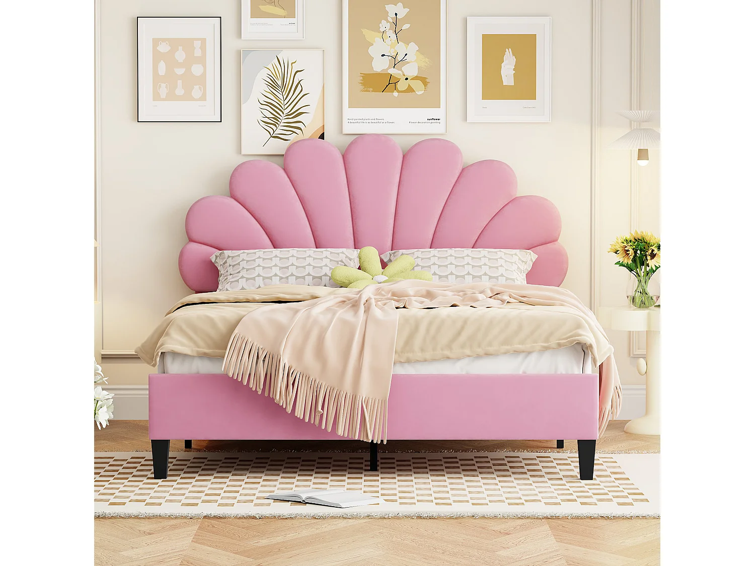 Lit double 140 x 200 cm avec tête de lit fleurie, tissu velours rose, avec sommier à lattes (206x150x110.5 cm)