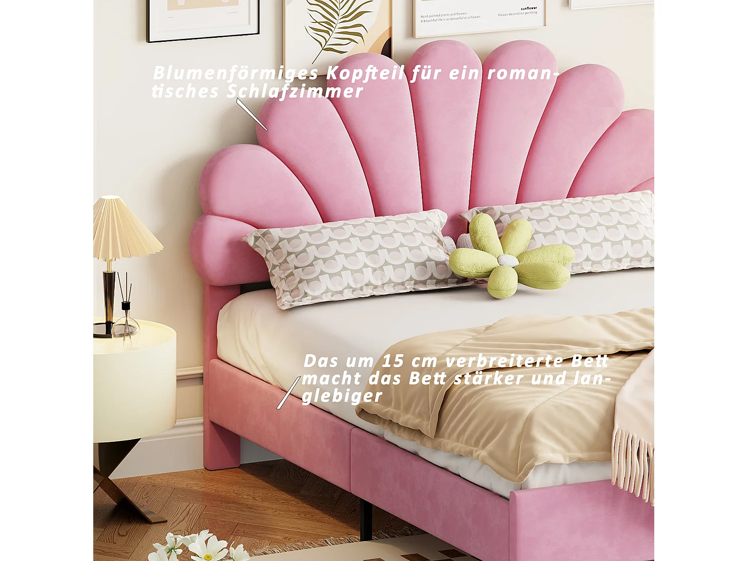 Lit double 140 x 200 cm avec tête de lit fleurie, tissu velours rose, avec sommier à lattes (206x150x110.5 cm)