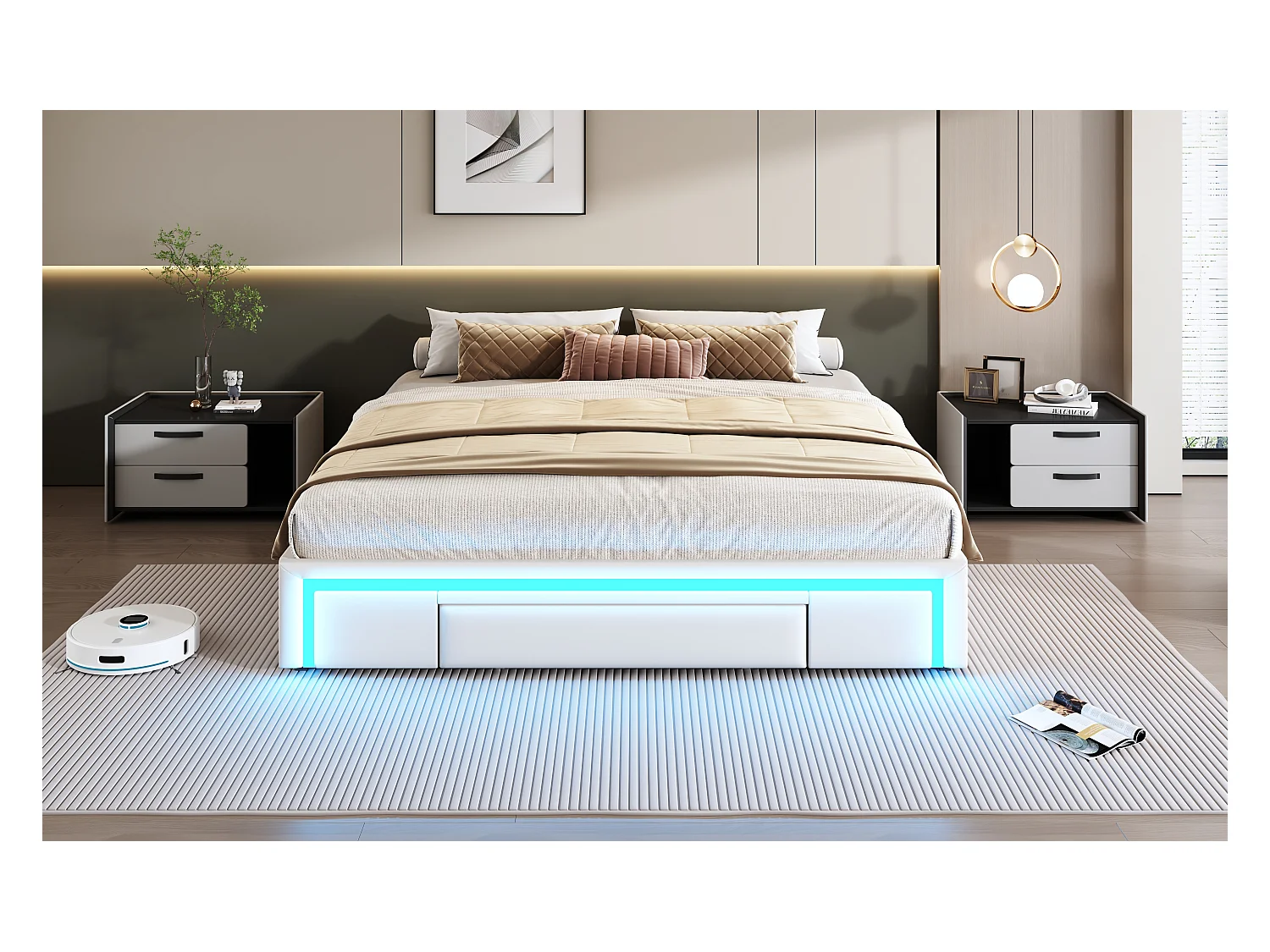 Lit 180x200 cm avec tiroirs, lit en PU simili-cuir sans tête de lit, avec éclairage LED, en métal (200x180x32 cm)