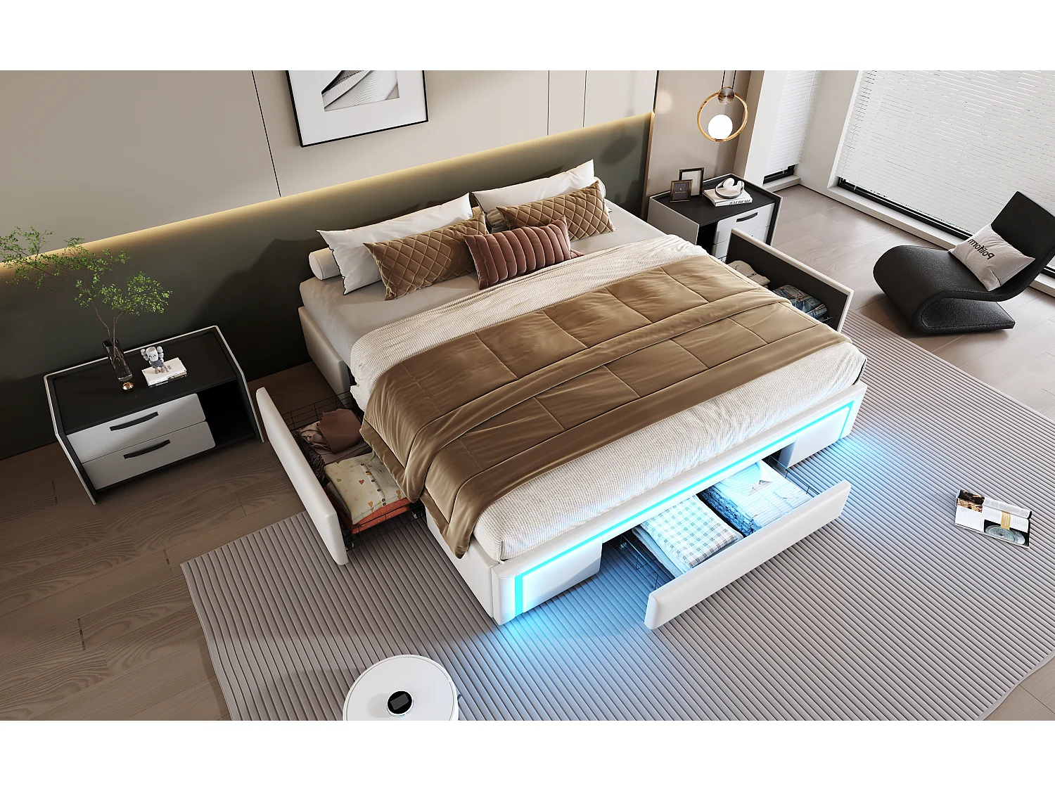 Letto 180x200 cm con cassetti, letto in similpelle PU senza testiera, con illuminazione a LED, metallo (200x180x32 cm)