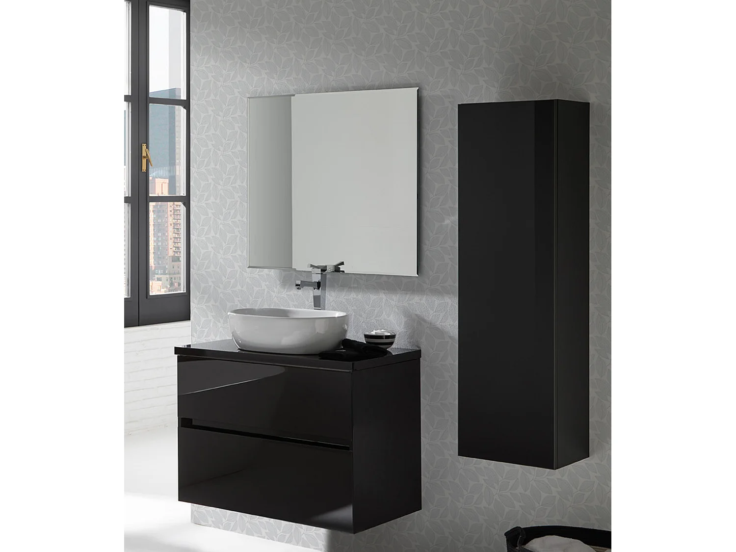 Ensemble de salle de bain coloris noir avec vasque à poser + miroir + colonne - Longueur meuble 100 x Profondeur 46 x Hauteur 56 cm