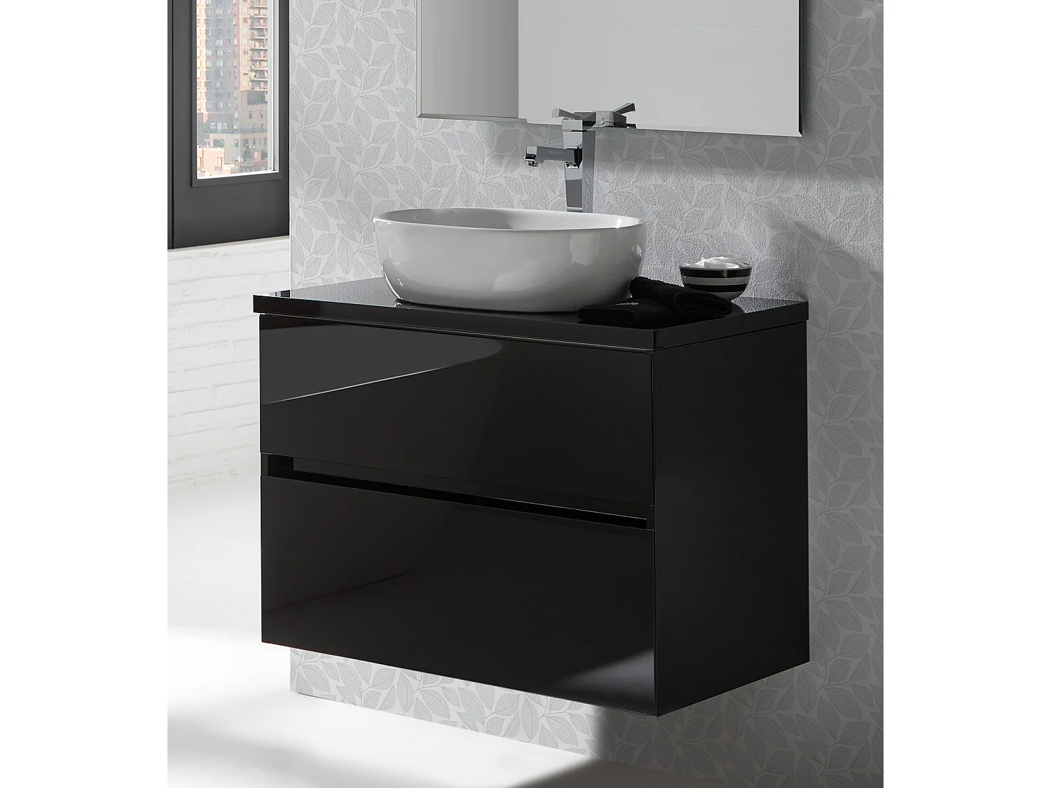 Ensemble de salle de bain coloris noir avec vasque à poser + miroir + colonne - Longueur meuble 100 x Profondeur 46 x Hauteur 56 cm