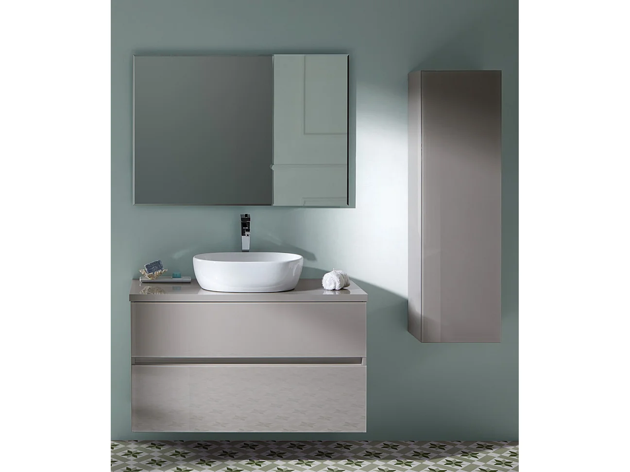 Ensemble de salle de bain coloris taupe avec vasque à poser + miroir + colonne - Longueur meuble 60 x Profondeur 46 x Hauteur 56 cm