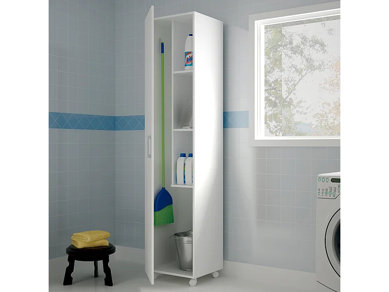 Armoire / placard de rangement avec 1 porte à roulettes coloris blanc - longueur 42 x profondeur 41 x hauteur 183 cm