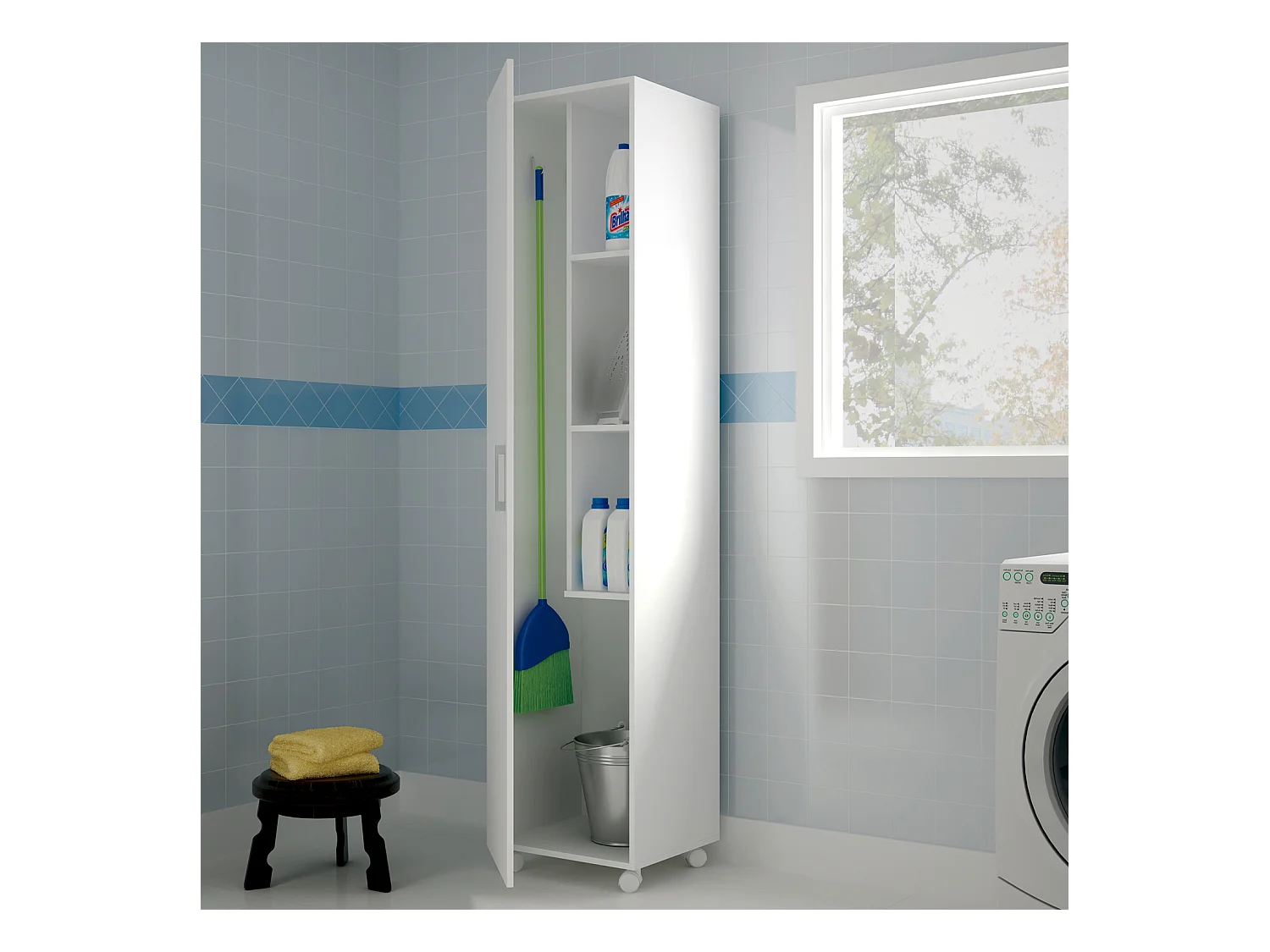 Armoire / placard de rangement avec 1 porte à roulettes coloris blanc - longueur 42 x profondeur 41 x hauteur 183 cm