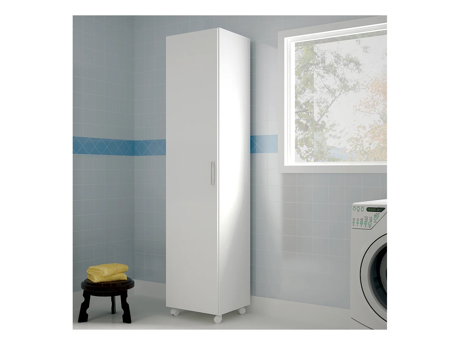 Armoire / placard de rangement avec 1 porte à roulettes coloris blanc - longueur 42 x profondeur 41 x hauteur 183 cm