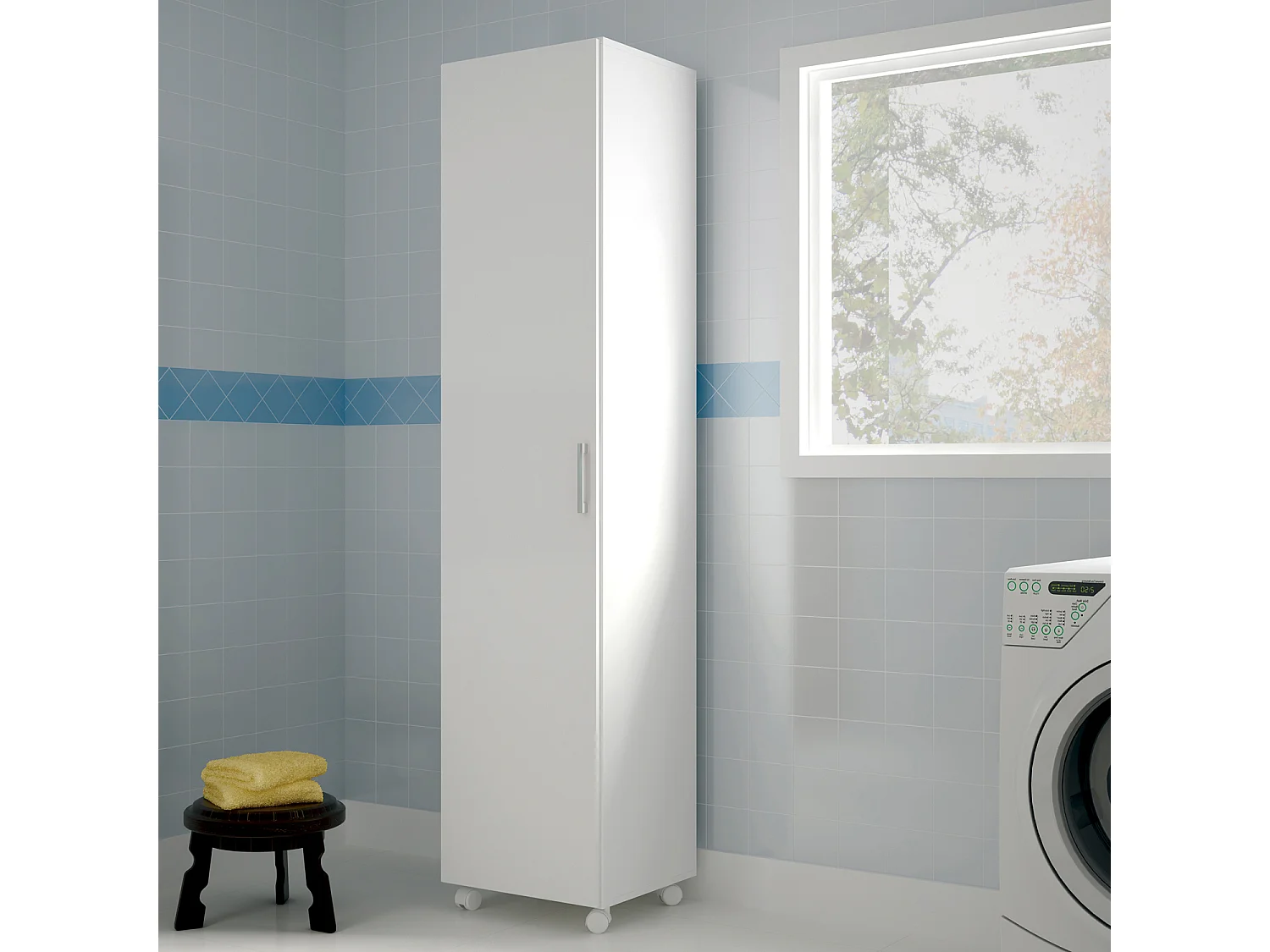 Armoire / placard de rangement avec 1 porte à roulettes coloris blanc - longueur 42 x profondeur 41 x hauteur 183 cm