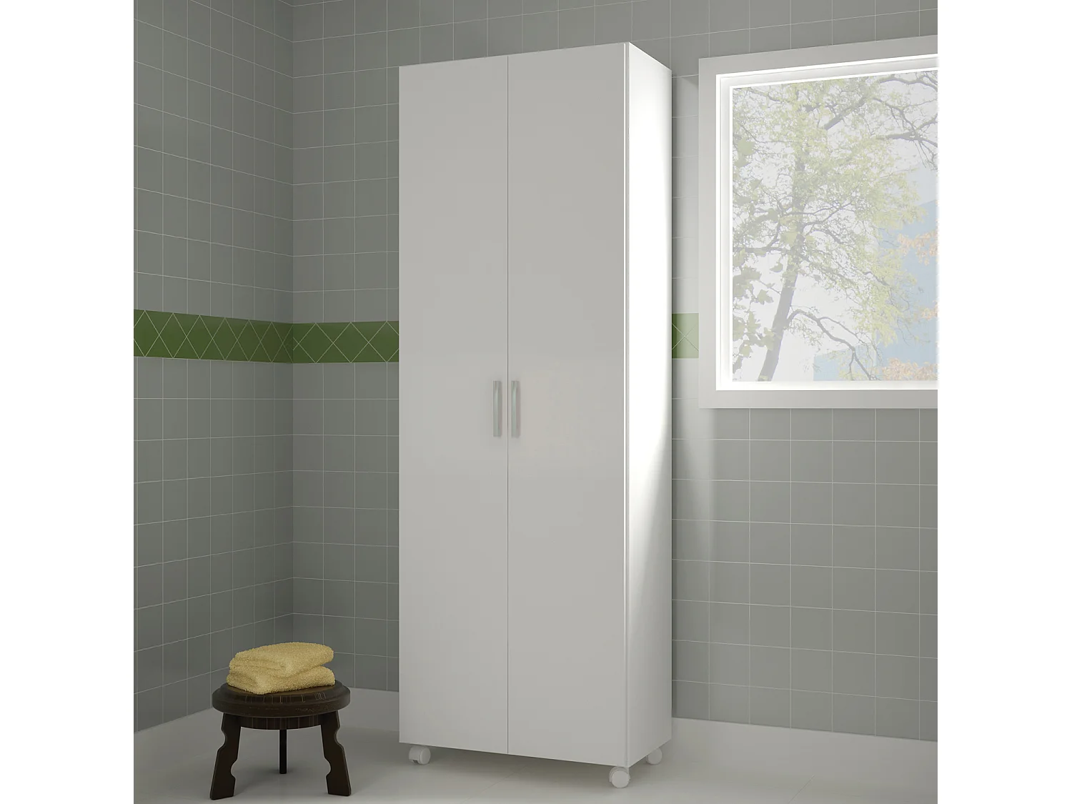 Armoire / placard de rangement de 2 portes à roulettes coloris blanc - longueur 72 x profondeur 35 x hauteur 183 cm