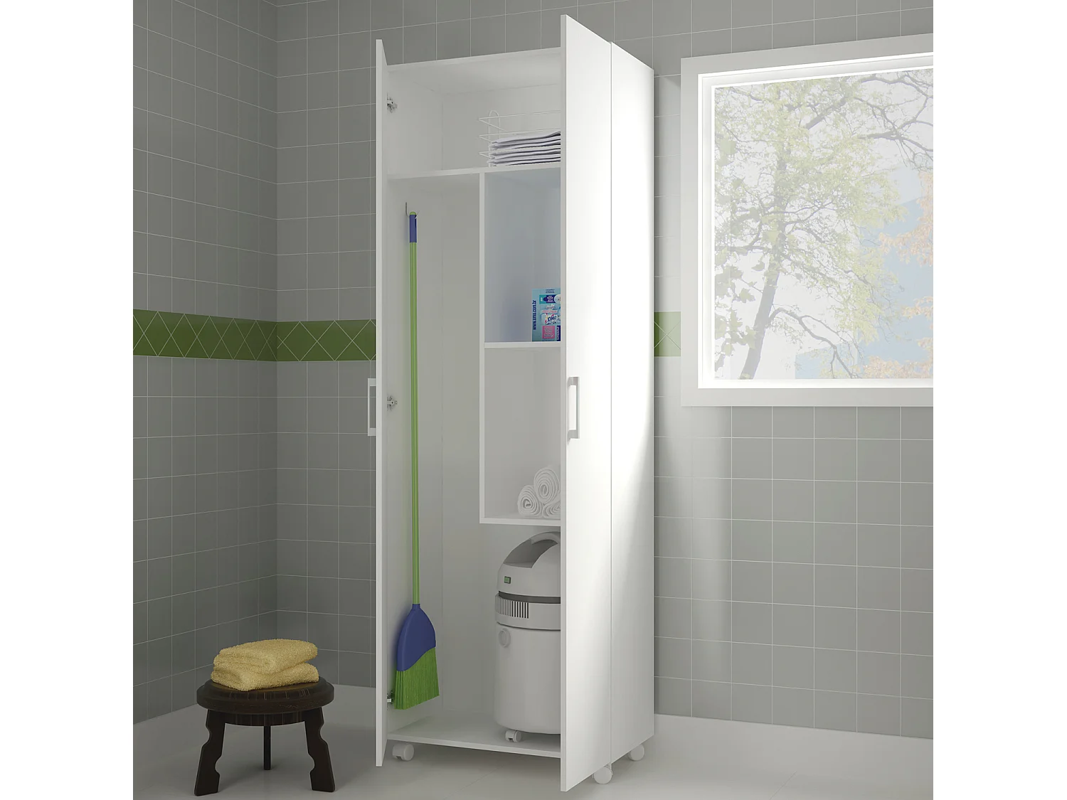 Armoire / placard de rangement de 2 portes à roulettes coloris blanc - longueur 72 x profondeur 35 x hauteur 183 cm