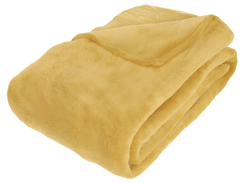 Plaid, couverture en microfibre coloris jaune ocre - L. 230  x P. 180 x H. 1 cm