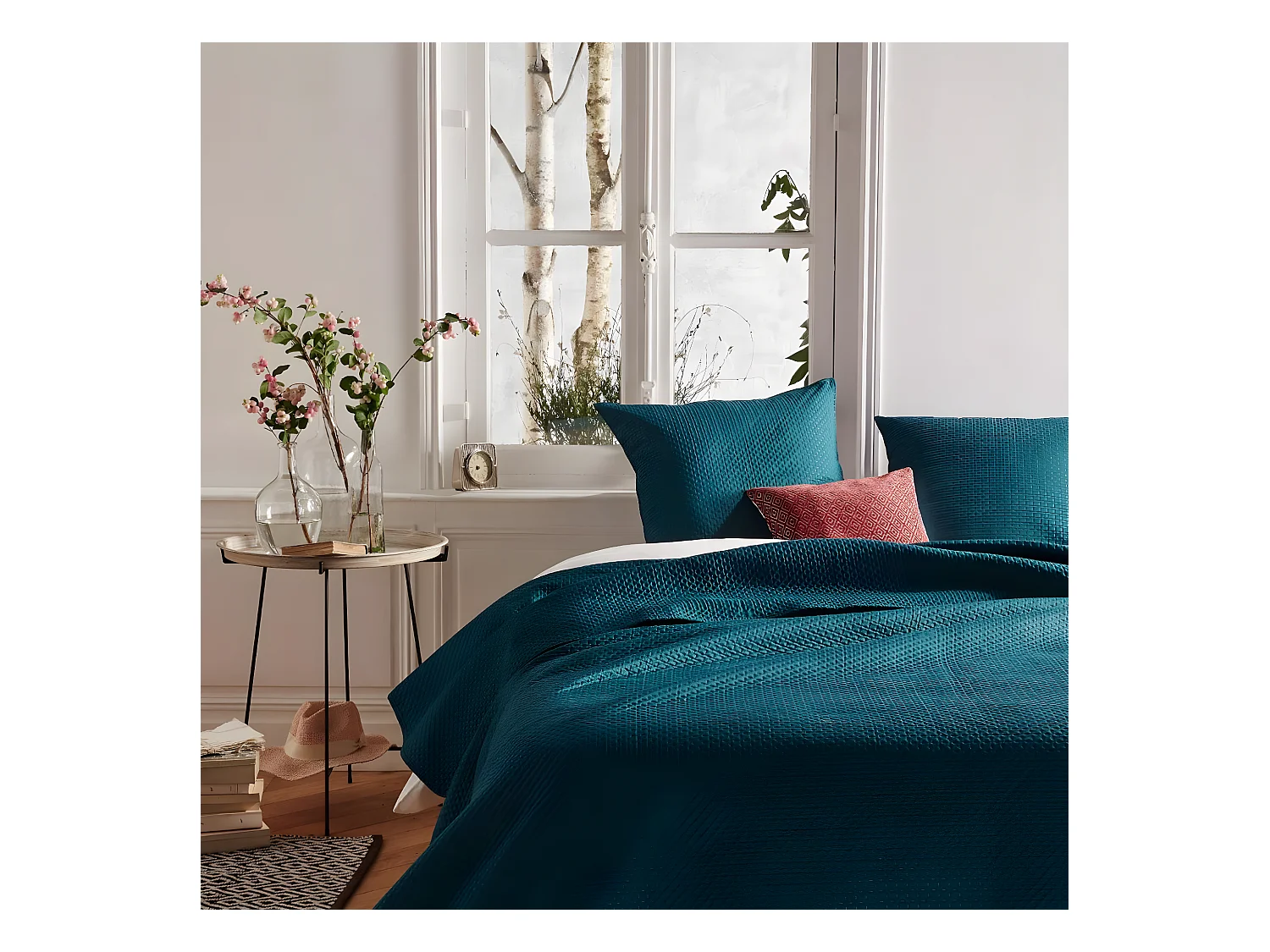 Dessus de lit bleu canard et 2 taies d'oreiller - 240 x 260 cm