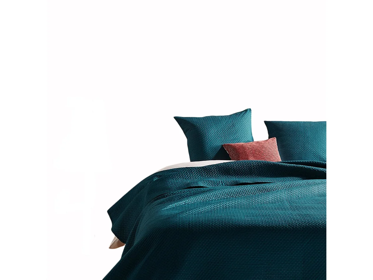 Dessus de lit bleu canard et 2 taies d'oreiller - 240 x 260 cm