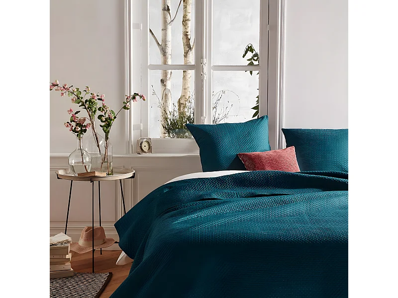 Dessus de lit bleu canard et 2 taies d'oreiller - 240 x 260 cm