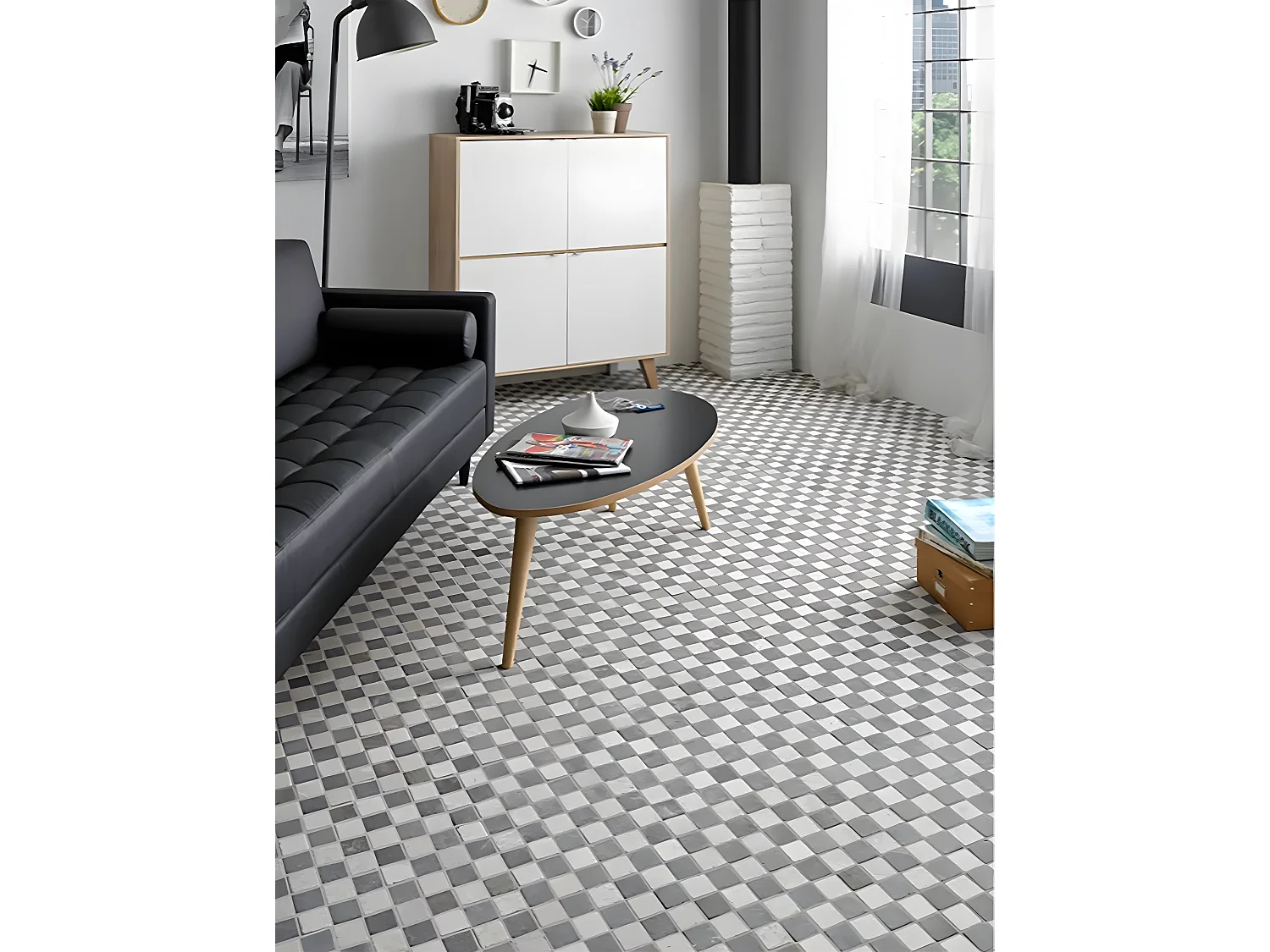 Carrelage de mosaïque (Boite de 1m²) / Plaque mosaïque mur et sol en marbre naturel coloris gris foncé et blanc mat- 30 x 30 cm