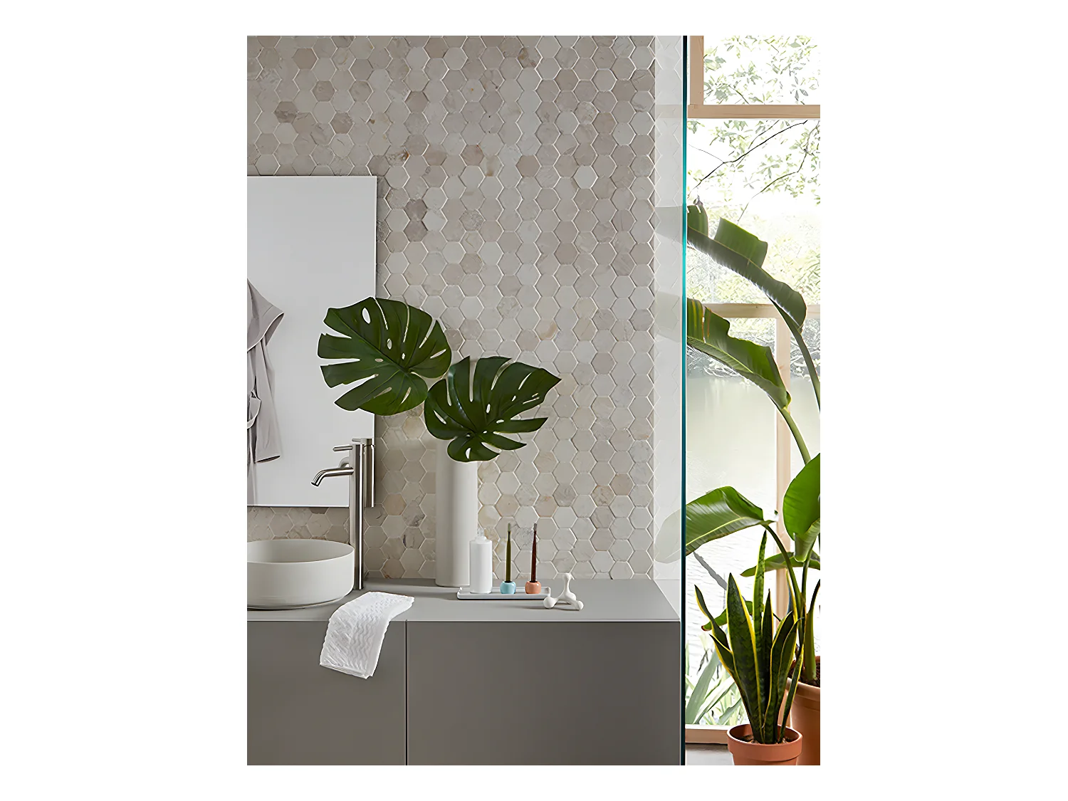 Carrelage mosaïque (Boite de 1m²) /Plaque de mosaïque mur et sol en marbre naturel coloris blanc - 33 x 33 cm