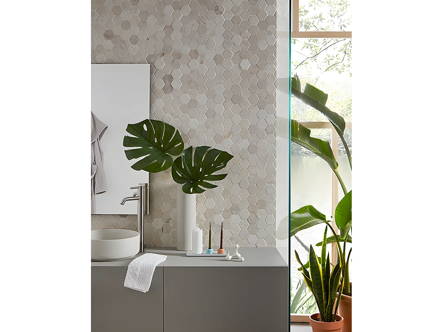 Carrelage mosaïque (Boite de 1m²) /Plaque de mosaïque mur et sol en marbre naturel coloris blanc - 33 x 33 cm