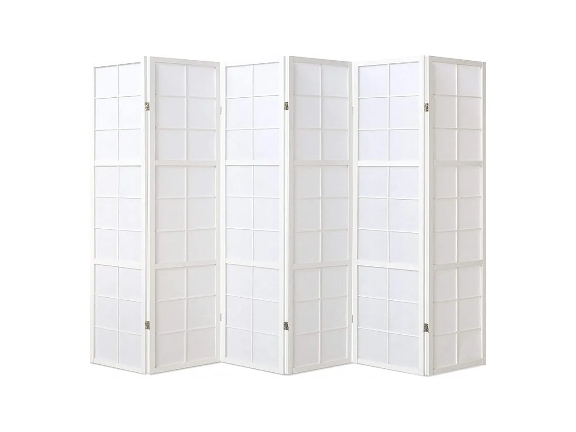 Paravent japonais grands carreaux bois blanc et papier de riz - 6 pans - Dim : H 175 cm