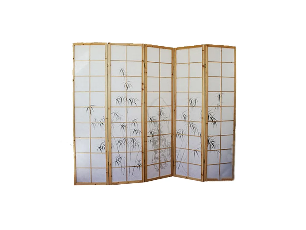 Paravent japonais en bois naturel avec dessin bambou 5 pans