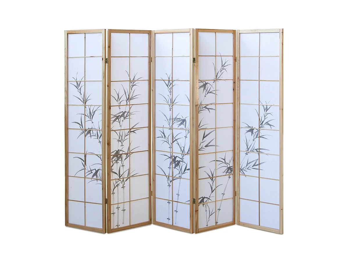 Paravent japonais en bois naturel avec dessin bambou 5 pans