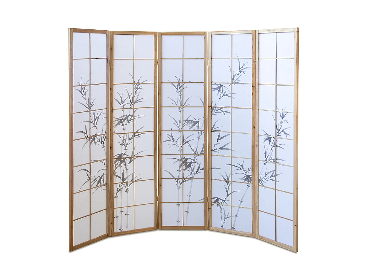 Paravent japonais en bois naturel avec dessin bambou 5 pans