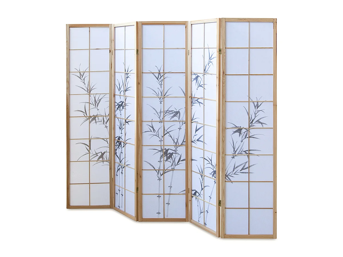 Paravent japonais en bois naturel avec dessin bambou 5 pans