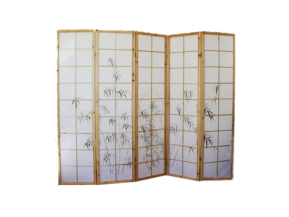 Paravent japonais en bois naturel avec dessin bambou 5 pans