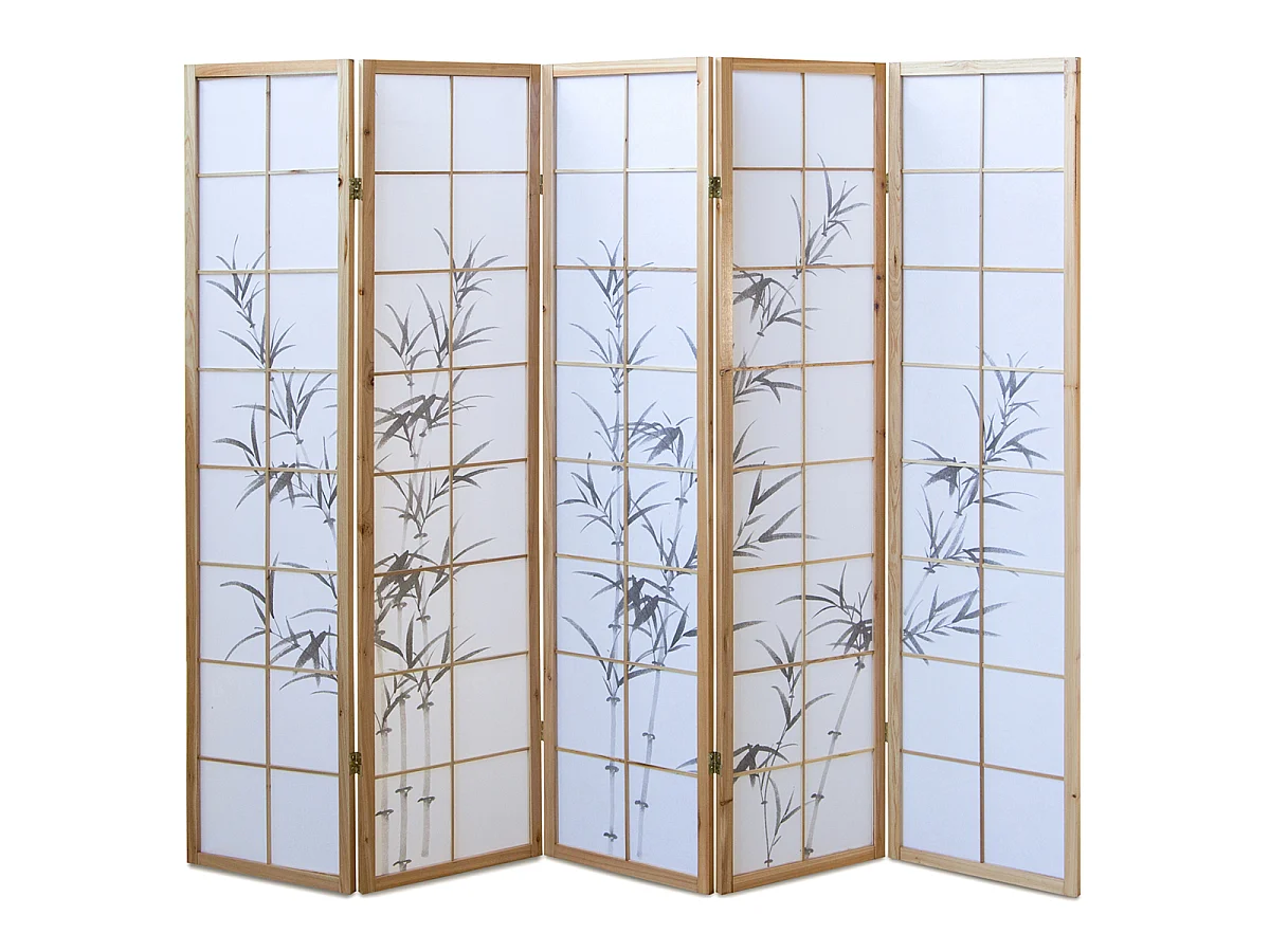 Paravent japonais en bois naturel avec dessin bambou 5 pans