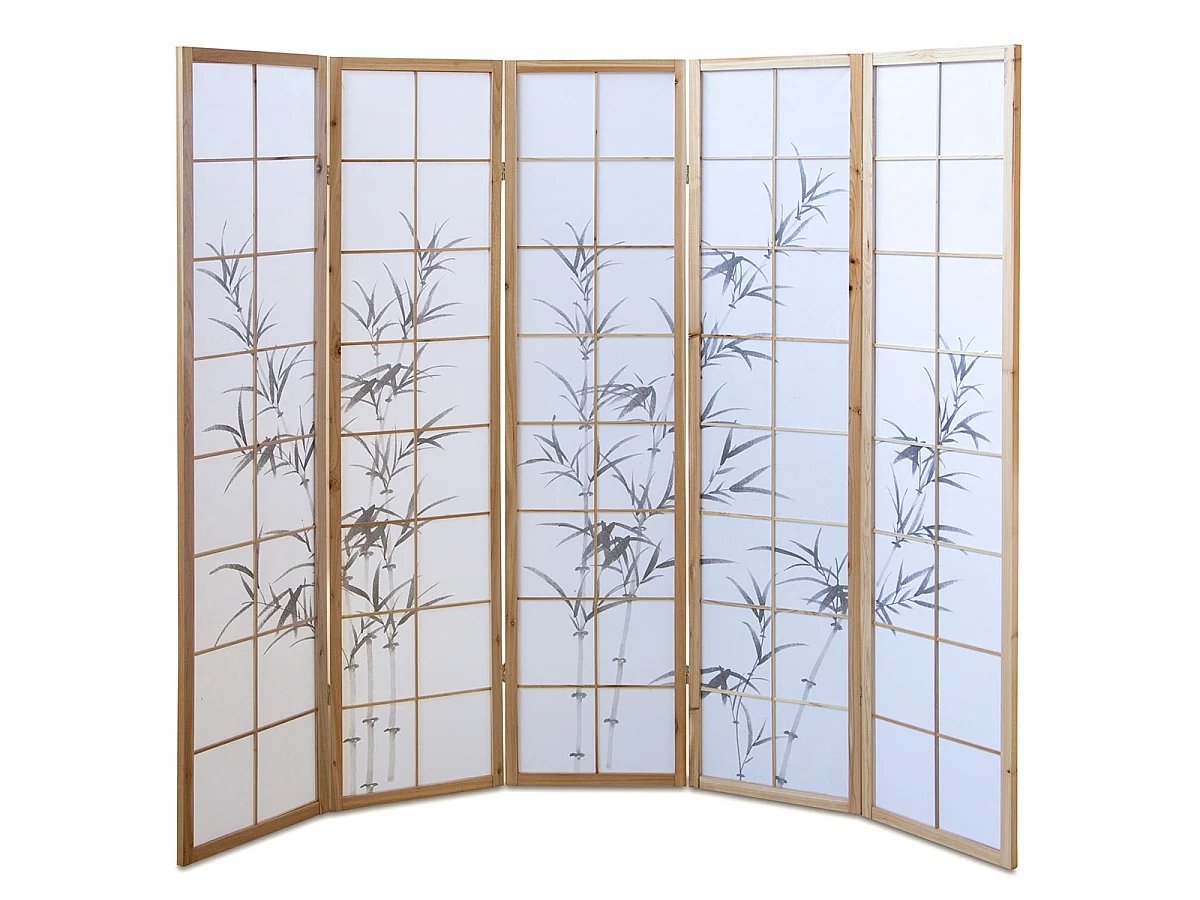 Paravent japonais en bois naturel avec dessin bambou 5 pans