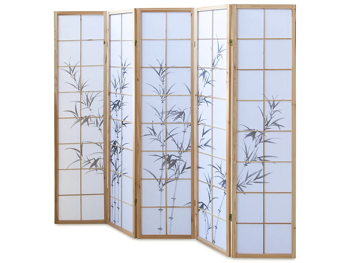 Paravent japonais en bois naturel avec dessin bambou 5 pans