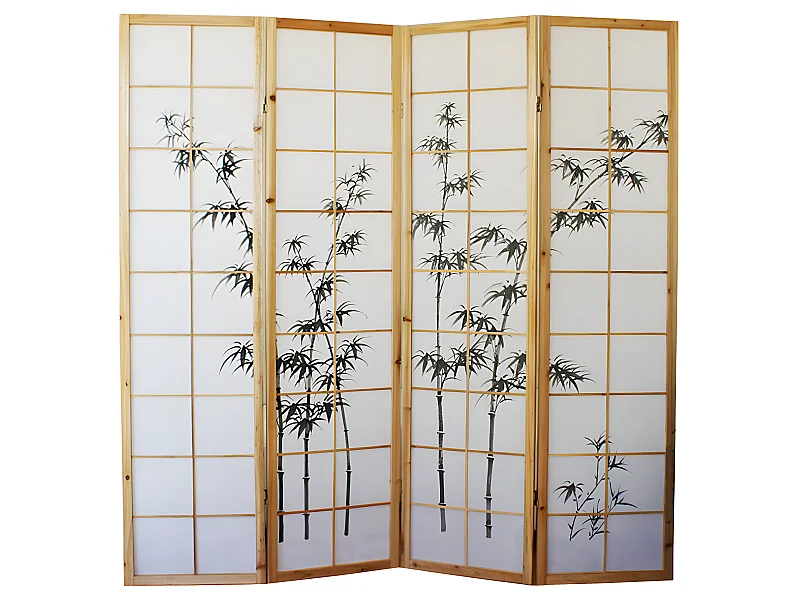 Paravent japonais en bois naturel avec dessin bambou 4 pans