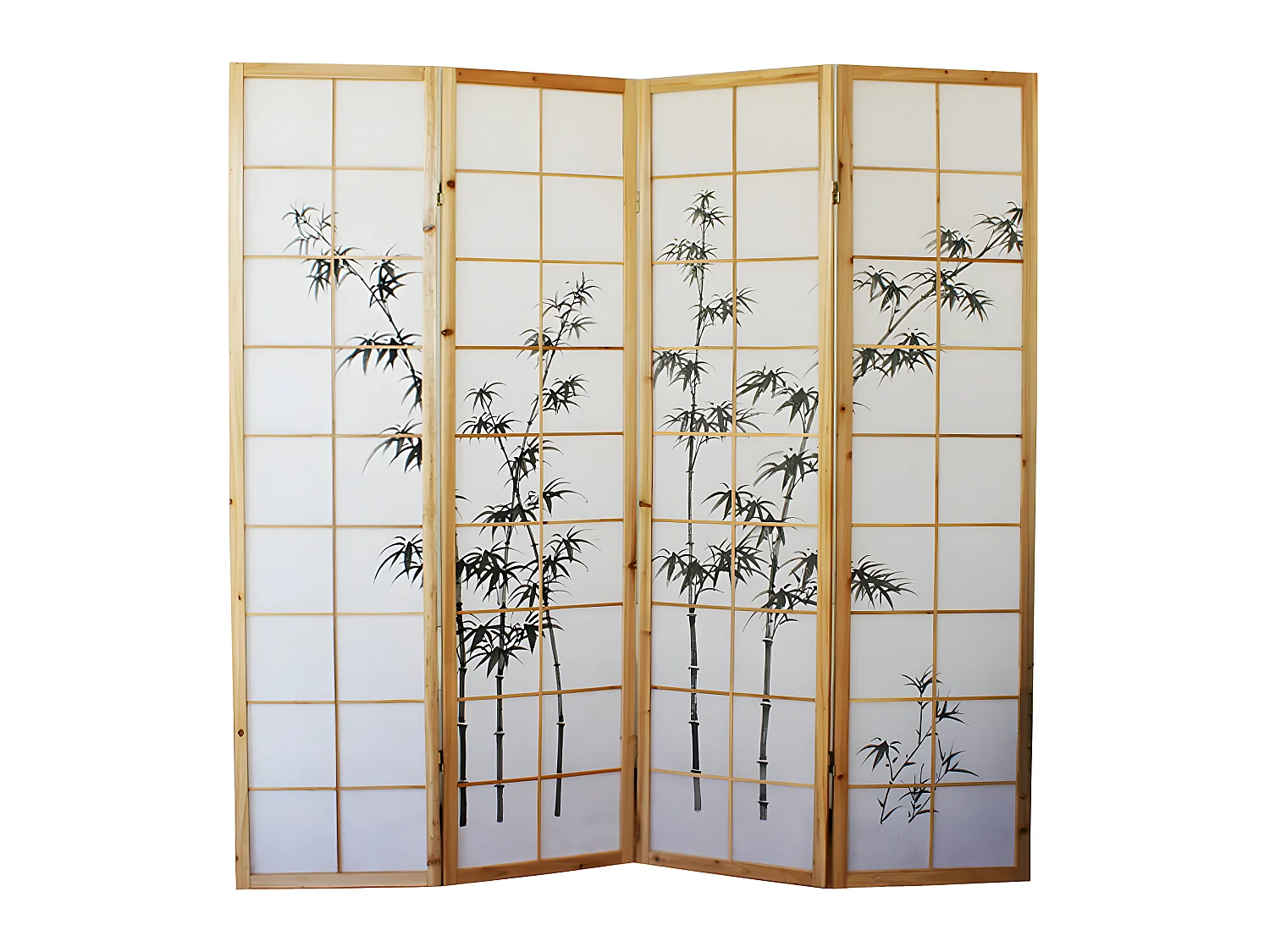 Paravent japonais en bois naturel avec dessin bambou 4 pans