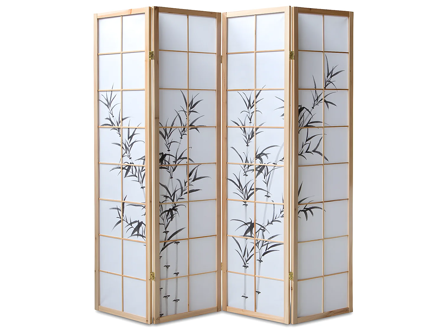 Paravent japonais en bois naturel avec dessin bambou 4 pans