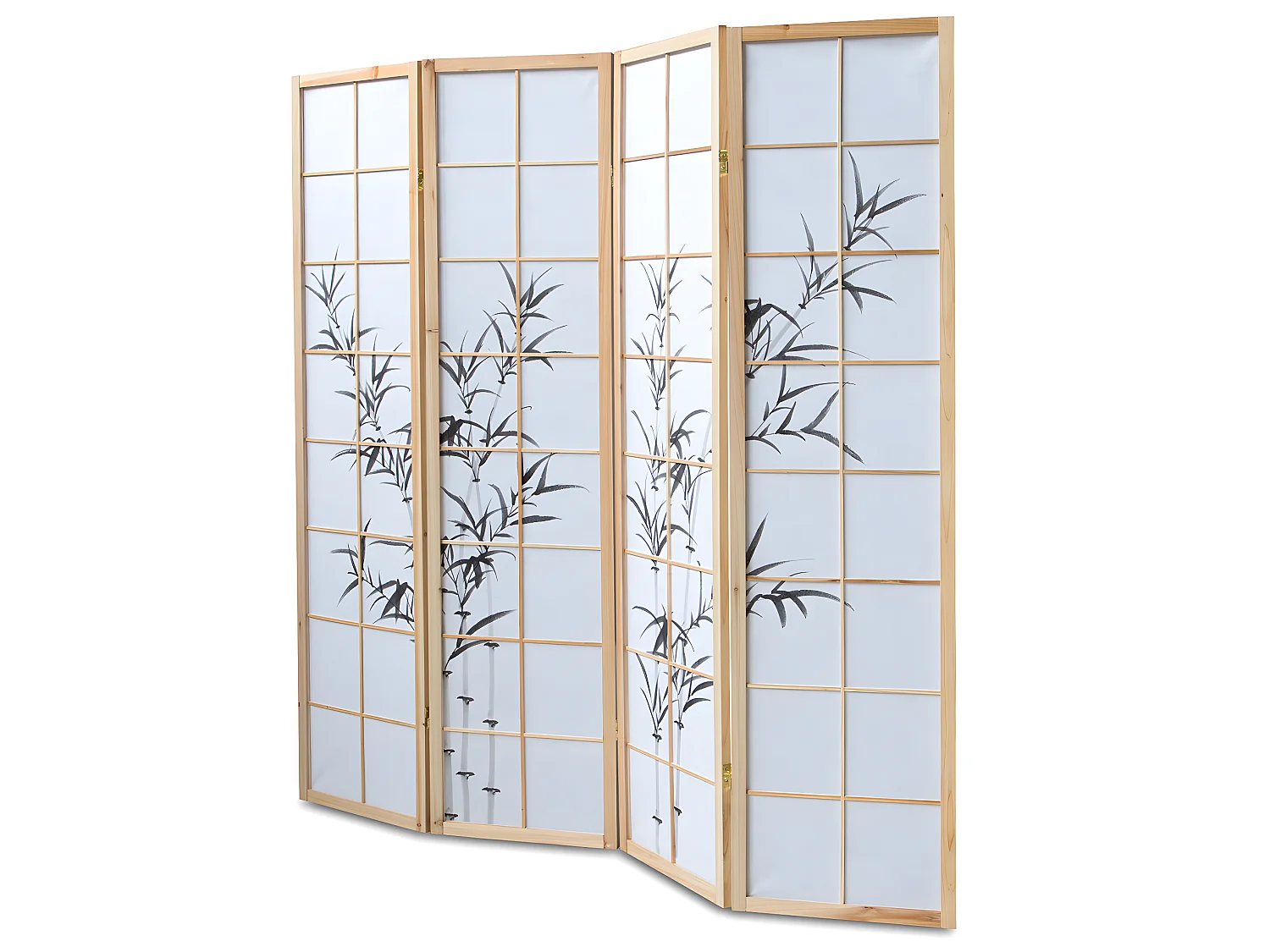 Paravent japonais en bois naturel avec dessin bambou 4 pans