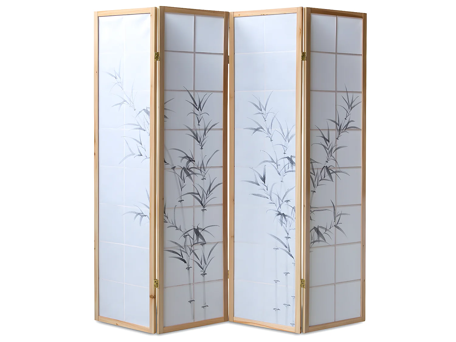 Paravent japonais en bois naturel avec dessin bambou 4 pans