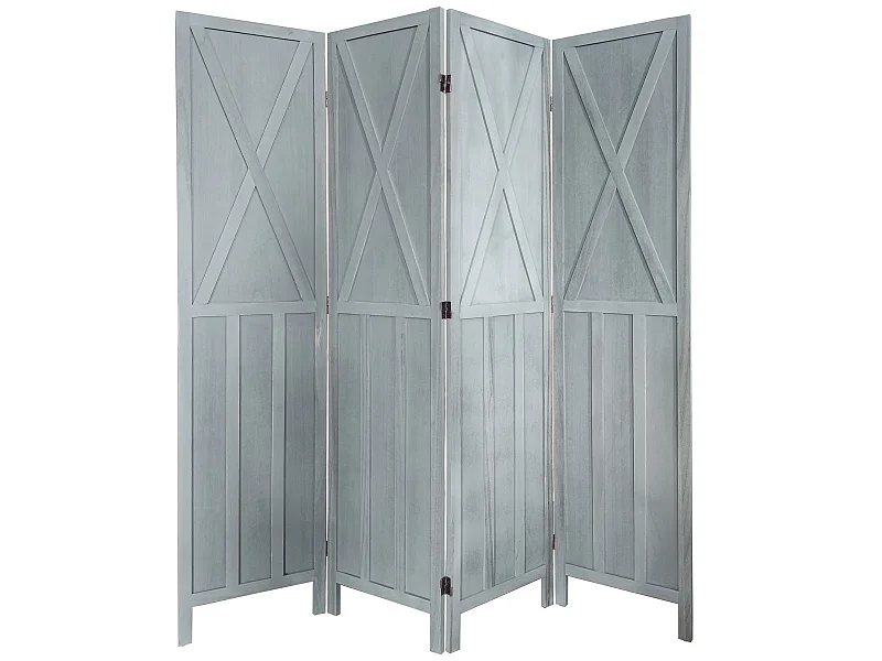 Paravent en bois de 4 pans gris brocante - Hauteur 170 x Longueur 160 cm
