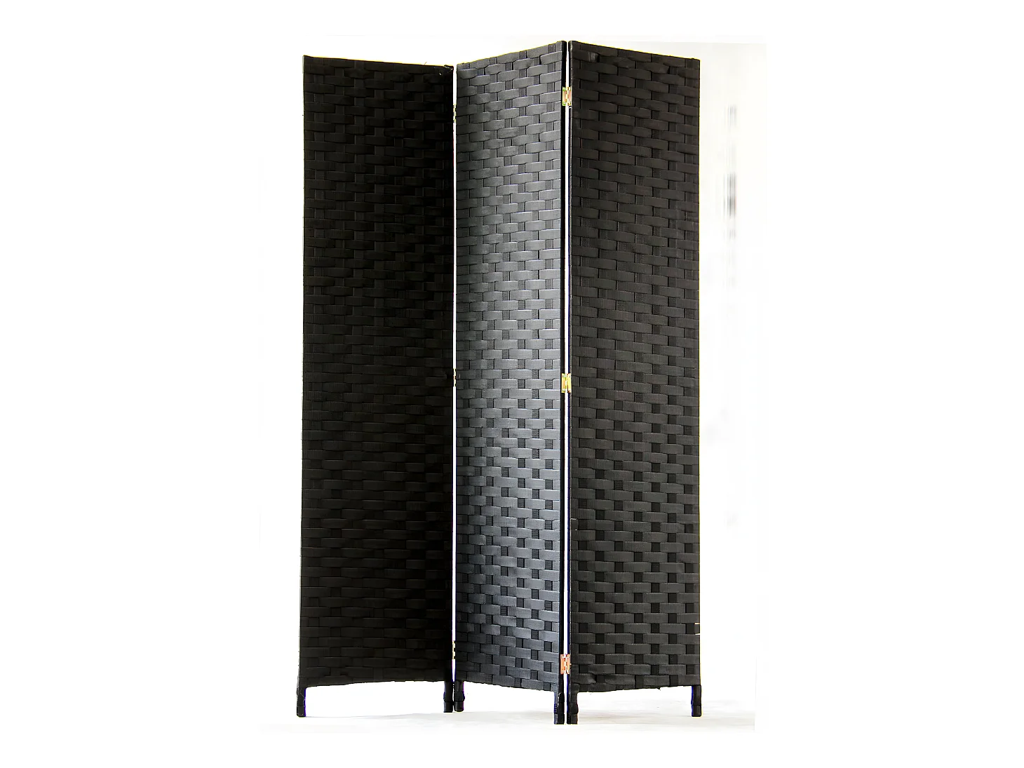 Paravent de 3 pans tressé en fibres synthètiques, coloris noir - Dim : H170 x 120cm